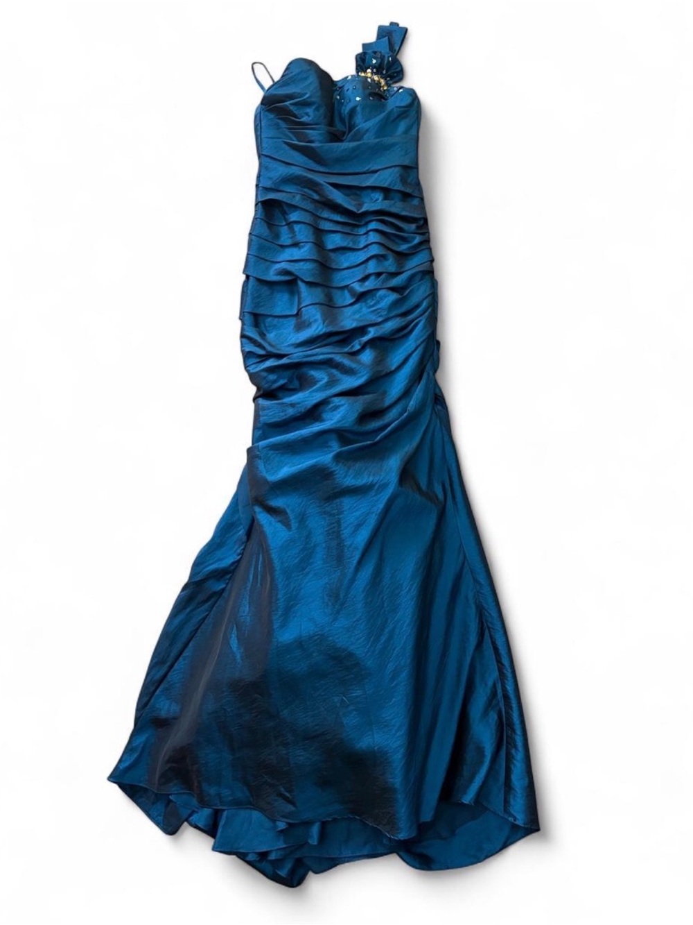 Blue Teal One Shoulder Ruched Formal Evening Gown Dress